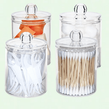 Clear Plastic Apothecary Jar Set, 10-Ounce Qtip Holder Dispenser, Bathroom Canister Storage, Dresser Organizer (4 Pack)