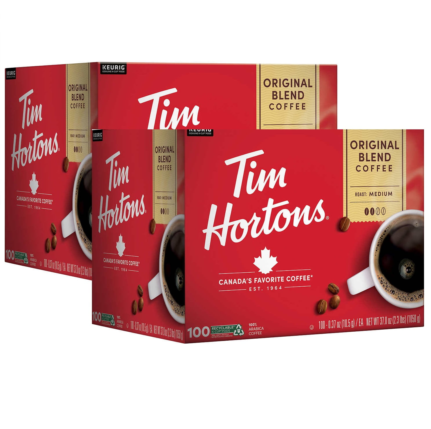 Tim Hortons Coffee Original Blend KCup Pod, 100count Each Pack of 2