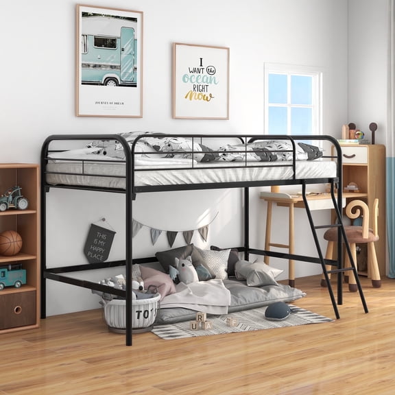 DreamBuck 50'' Tall Metal Loft Bed Twin Size, Junior Loft Bed with Spacious Under Bed Space, Full Length Guardrail & Inclined Ladder for Teens Adults, Heavy Duty Loft Bed Frame for Bedroom, Black