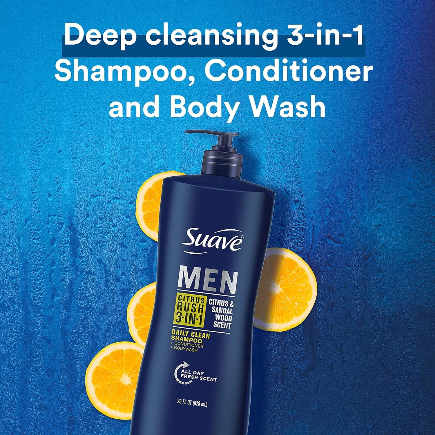 Suave Men Citrus Rush 3-in-1 Shampoo, Conditioner & Body Wash, Daily Clean, Citrus & Sandalwood, 28 fl oz