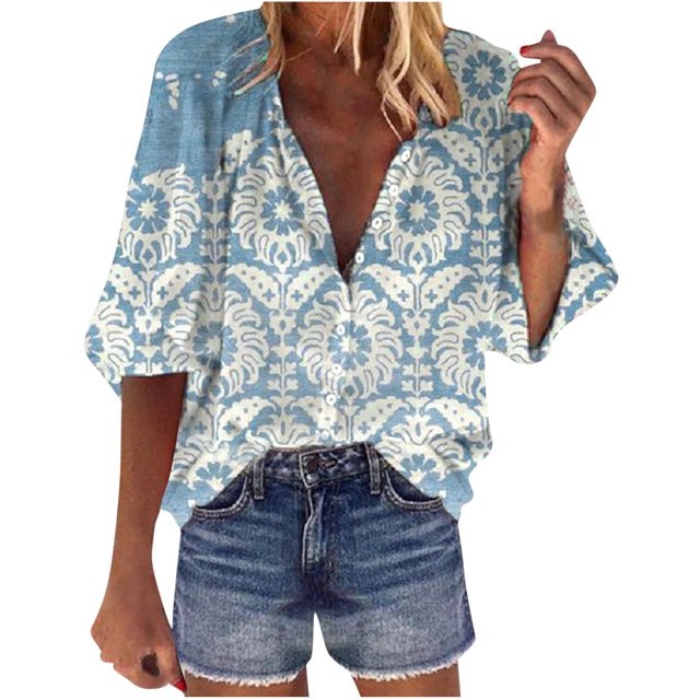 Pompotops Mode Femme Ample Col en V Manches 3/4 Imprimé devant Bouton Cardigan Chemise Hauts T-shirt Liquidation