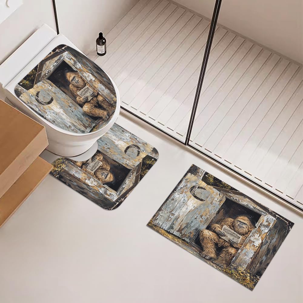 4PCS Vintage Bigfoot Sasquatch Shower Curtain Sets,Funny Animal Bathroom Sets with Non-Slip Rugs,Toilet Lid Cover,Bath Mat,Shower Curtain with 12 Hooks Farmhouse Bathroom Sets Decor