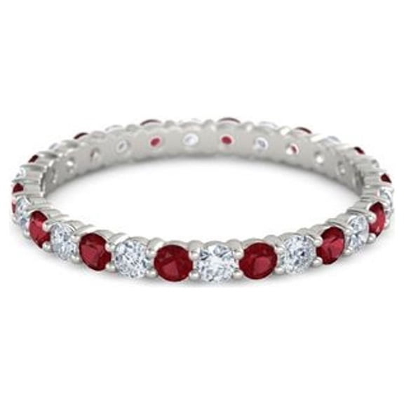 925 Sterling Silver Full Eternity Ruby With White CZ Round 2.50 MM Women Stacking Ring (Sterling Silver, 4)