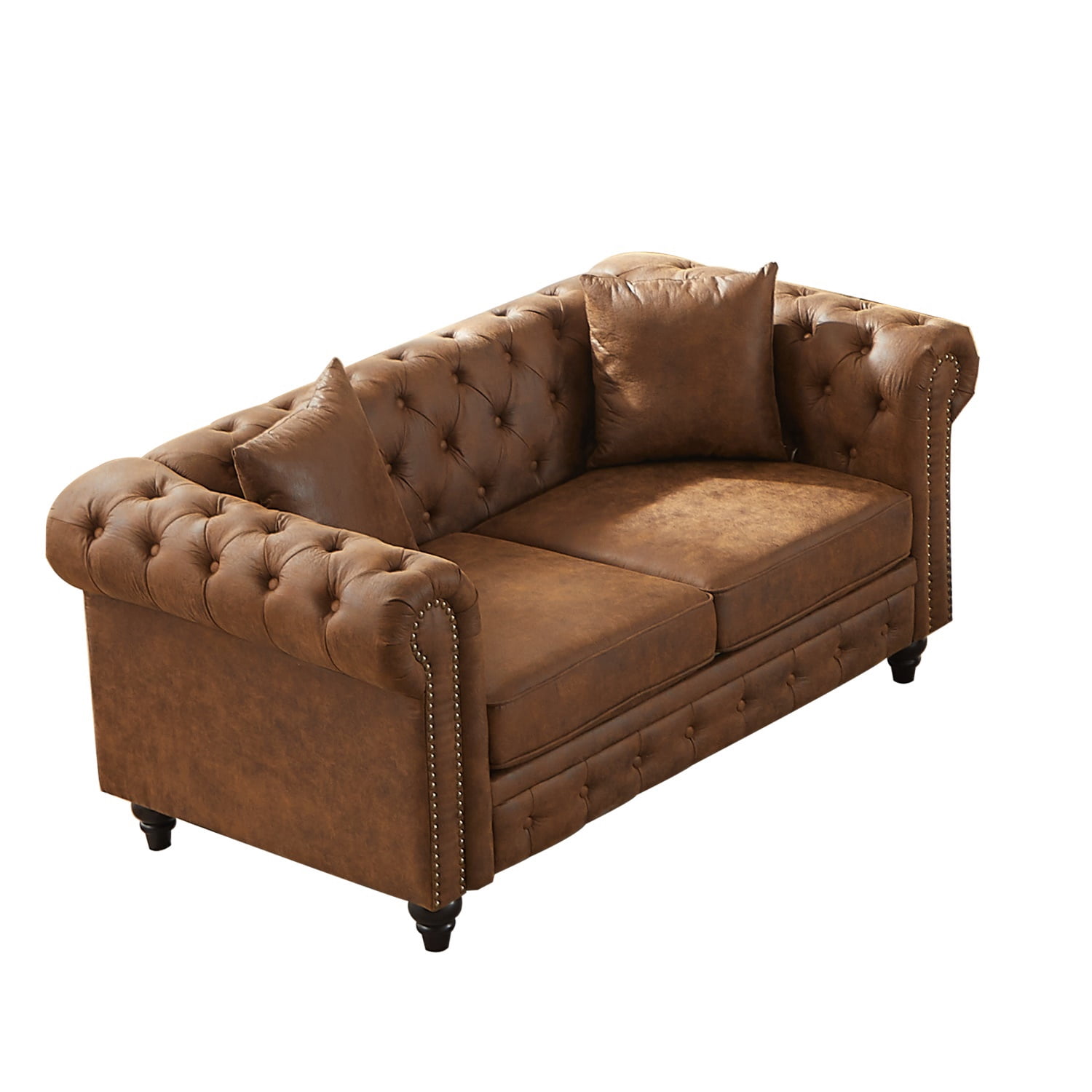 Hommoo 83.5"W Luxury Tech Fabric Chesterfield Loveseat, 2-Seater Sofa Couches with Button Tufted Design &Rolled Arms, Brown