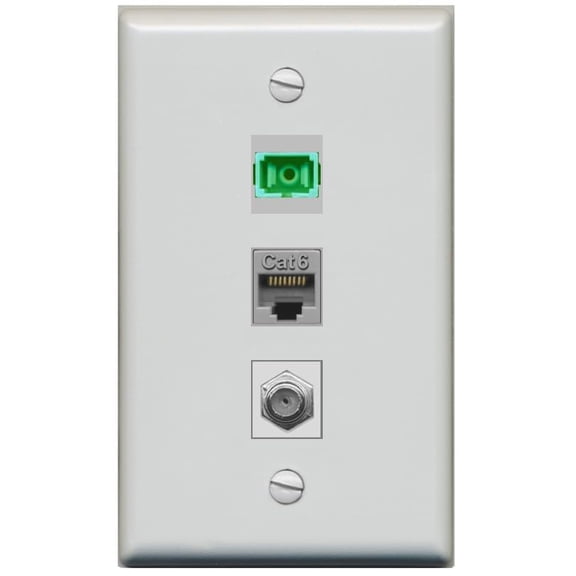RiteAV 1 Port Fiber Optic Jack SC Simplex APC   Cat6   Coax Wall Plate - Flat Style [Gray/Gray]