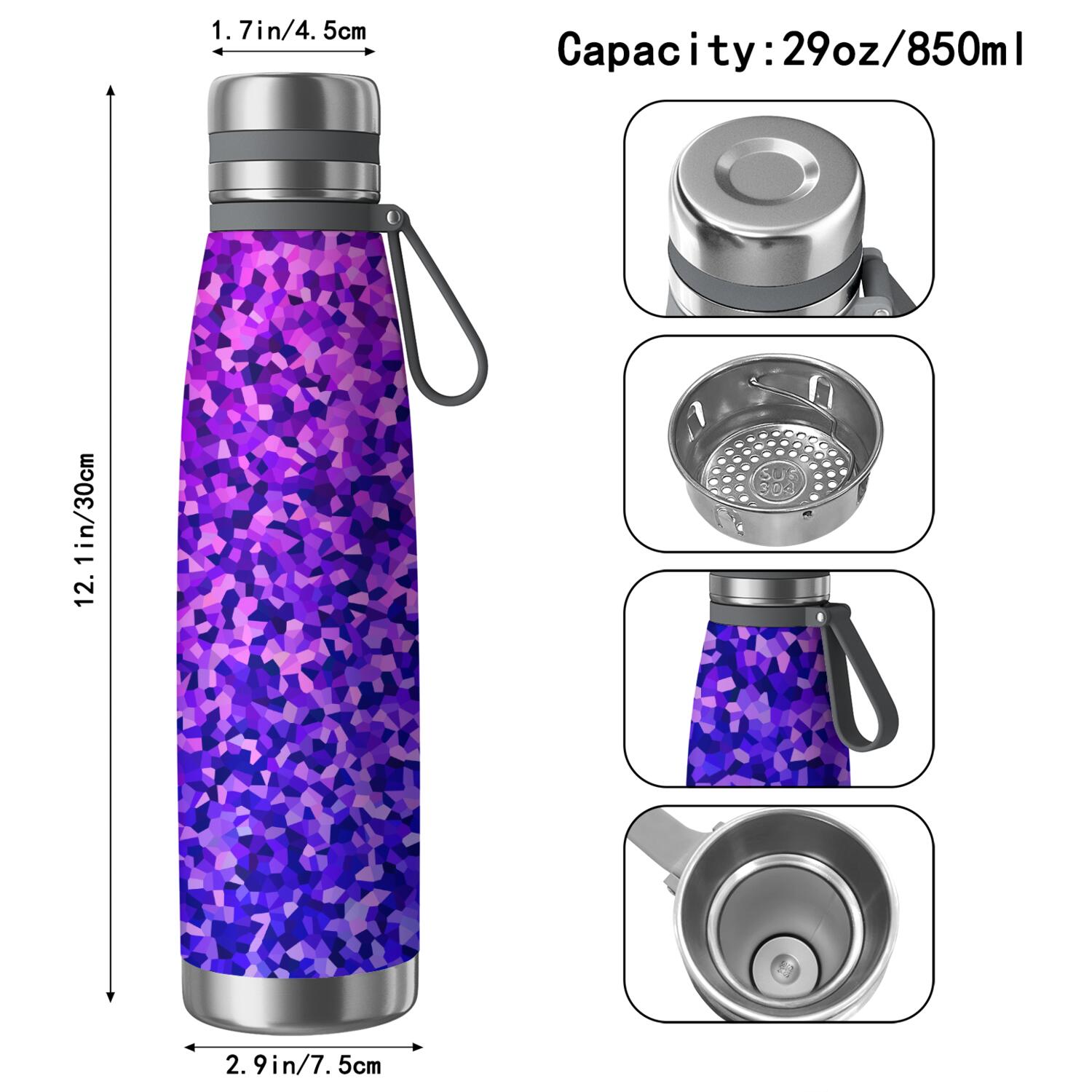 29oz Insulated Water Bottle with Tea Infuser, Stainless Steel Travel Mug, Shining Diamonds Print