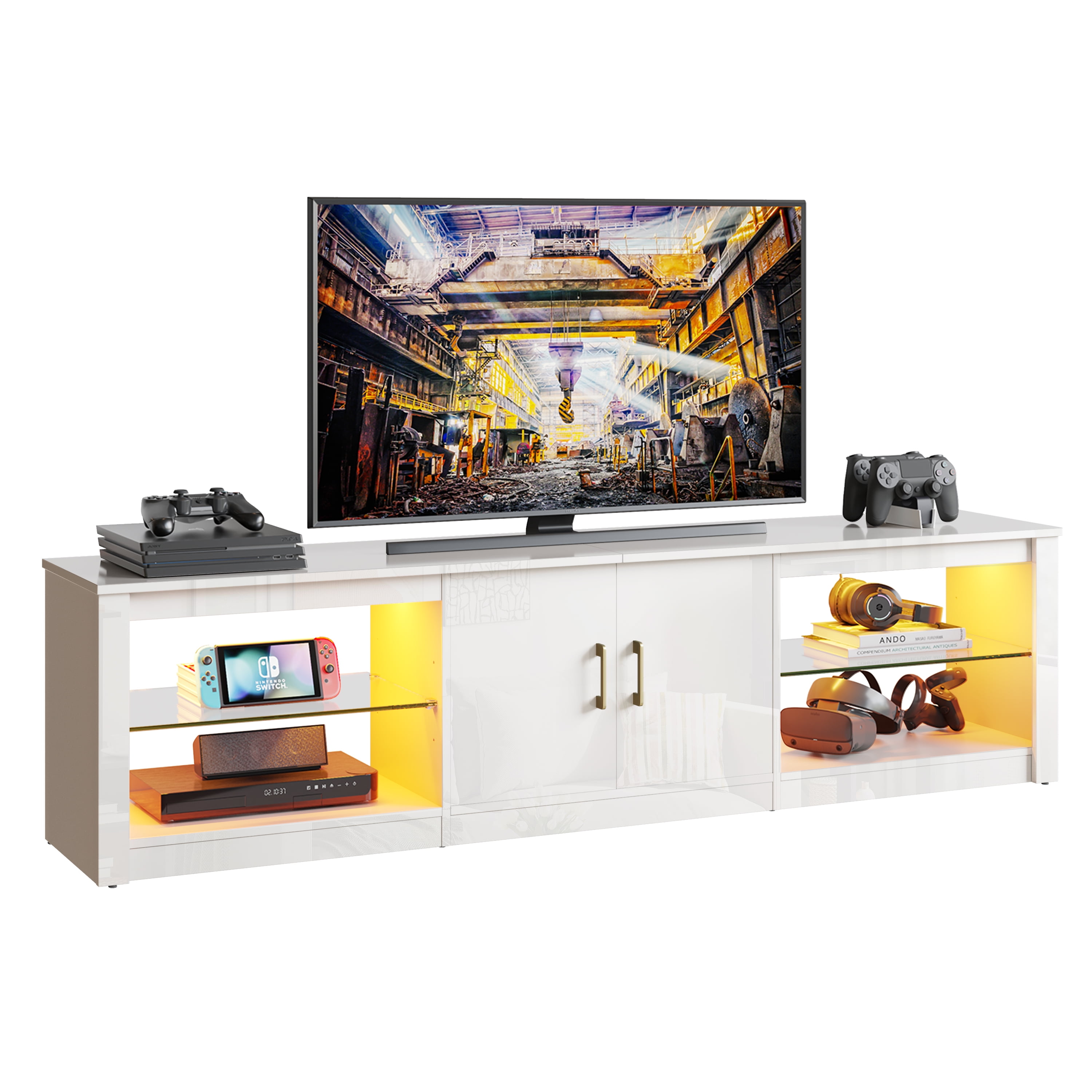 Bestier Modern TV Stand for TVs up to 75" High Gloss Entertainment Center with LED Lights & Storage Cabinet for Living Room in White