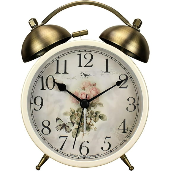 Twin Bell Alarm Clock, Retro Analog Alarm Clock Silent Non-Ticking Quartz with Nigh Light, Small Desk Clock for Bedside Table, Battery Operated (Rose)