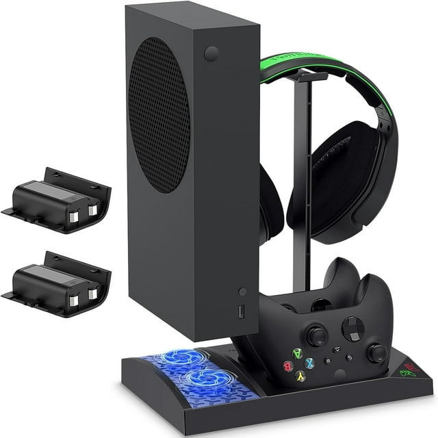 Vertical Cooling Fan Stand For Xbox Series S, Cooler Fan System With Dual Controller Charging Dock Station, 2 X 1400mAh Rechargeable Battery Pack, And Headphone Bracket - Compatible With Xbox Series S