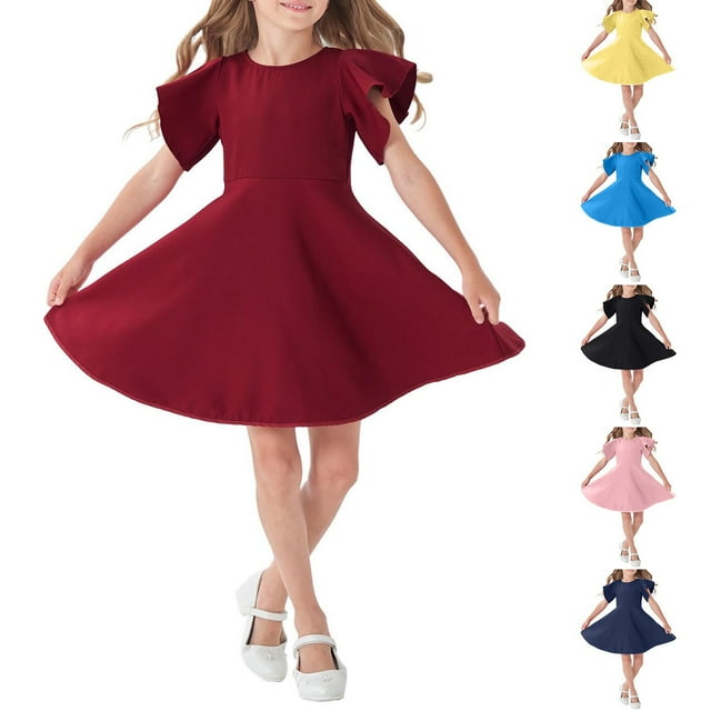 NJDVHB Économies d'Été Vacances! Robe de Plage pour Fille, Robe de Fête pour Filles, Robe Décontractée à Manches Courtes Unie pour Filles, Marine, 110