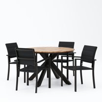 GDF Studio Mellie Outdoor Mesh and Acacia Wood 5 Piece Dining Set, Black and Teak