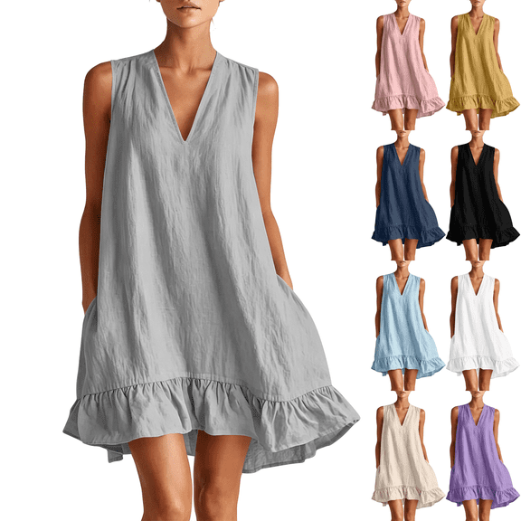 Summer Dresses for Women Casual V Neck Sleeveless Mini Sundress with Pockets Loose Swing Beach Vacation Cotton Linen Dress,Sizes S-2XL