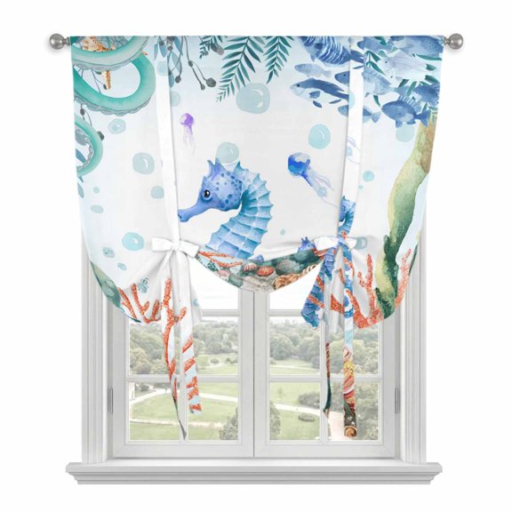 Seahorse Coastal Balloon Curtains for Windows, Bedroom Curtains 54 Inch Length, Summer Nautical Starfish Coral Ocean Tie Up Curtains Panels Thermal Insulated Bathroom Curtains Window 42"x54"