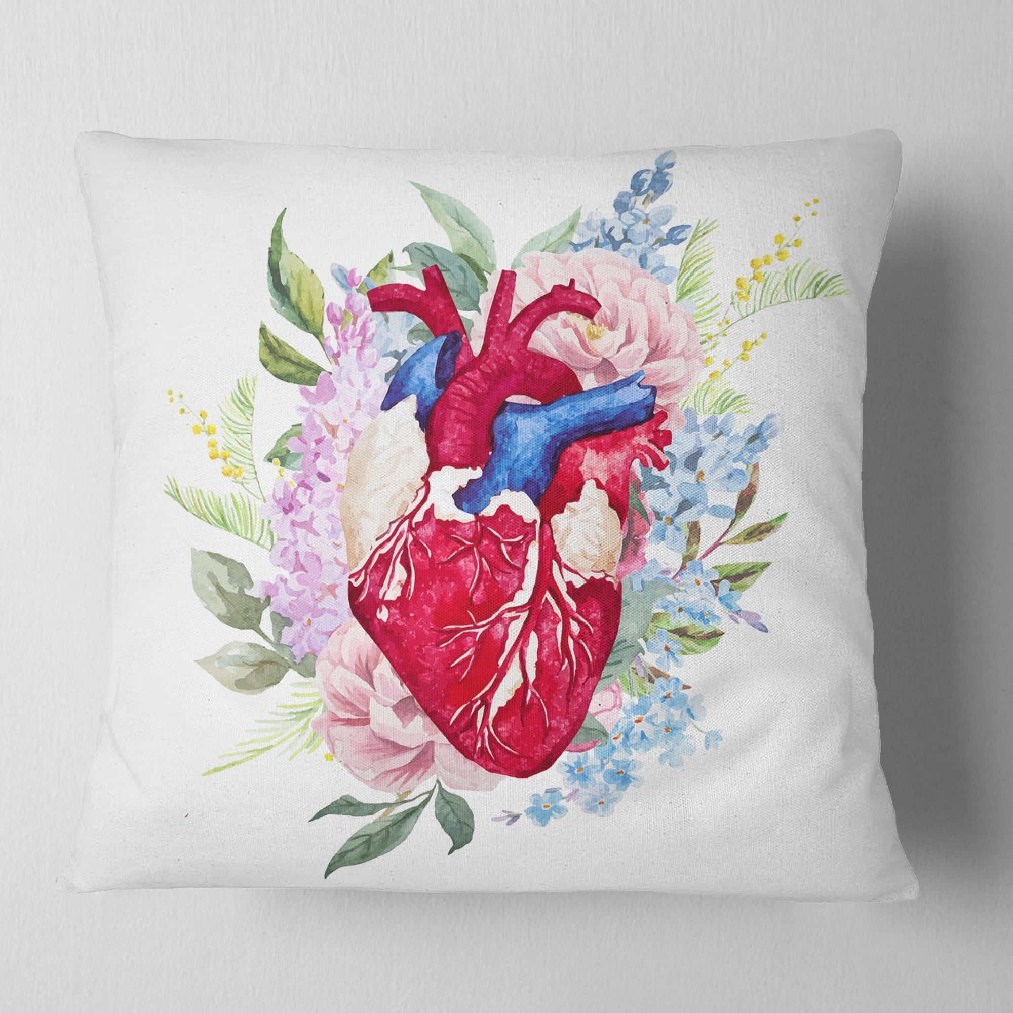 Designart Watercolor Heart with Flowers - Abstract Throw Pillow - 16x16
