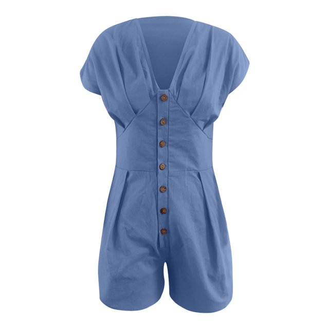 Mono Con Cuello En V Para Mujer, Con Botones En La Parte Delantera, Cintura Alta, Verano, Con Cuello En V, Poliéster Suave, Color Puro, A La Moda Para Fiesta YLSHRF Otros