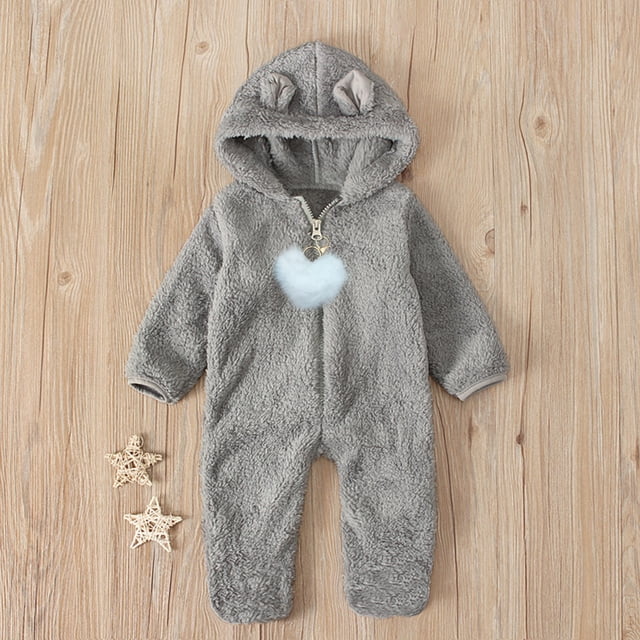 AherBiu Vêtements pour Bébé Fille Barboteuses en Coton Manches Longues en Molleton Duveteux à Fermeture Éclair Combinaisons à Capuche Couleur Unie Grenouillères pour Nourrissons Nouveau-Nés