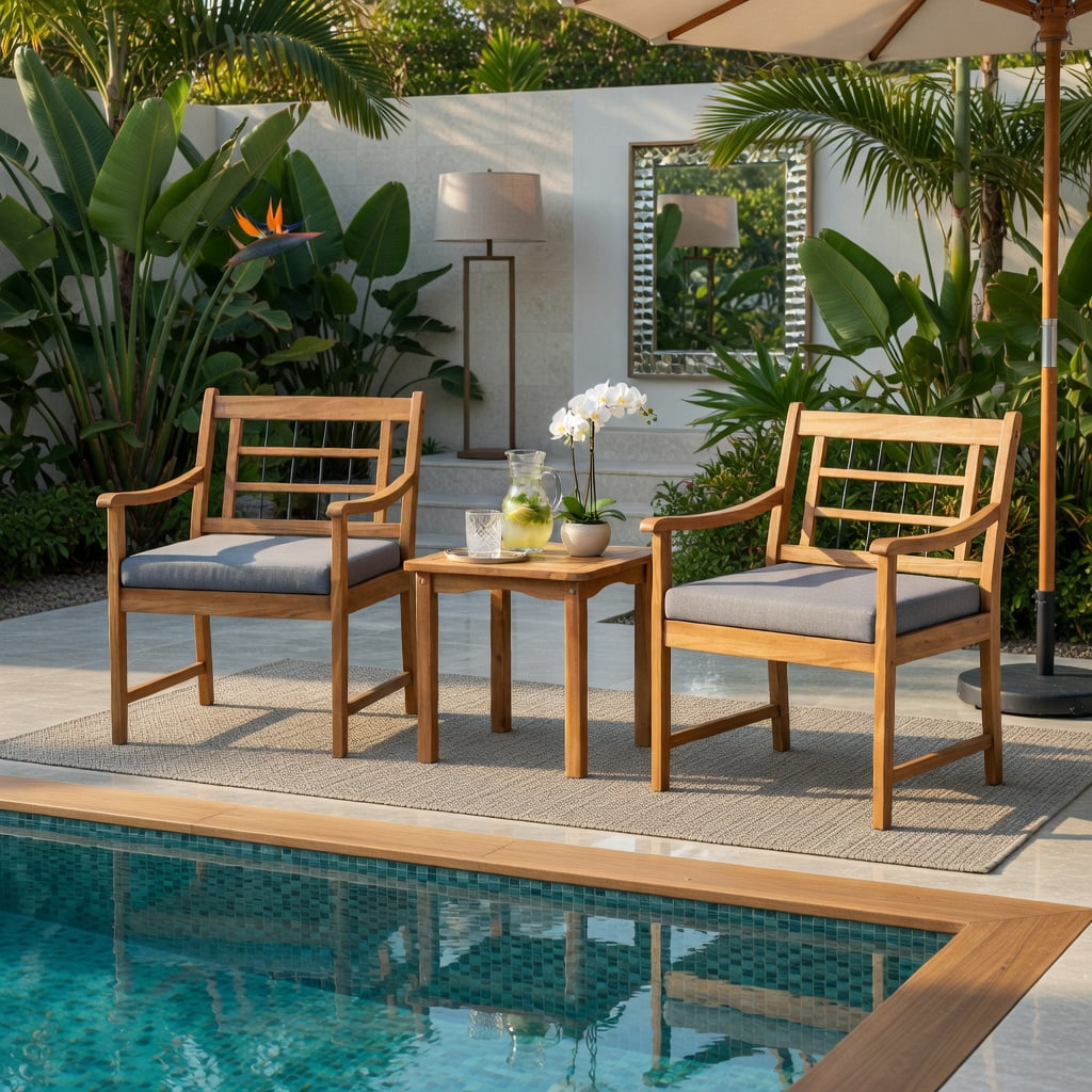 Hommoo 3-Piece Acacia Wood Patio Furniture Set, Cushioned Outdoor Chairs + Matching Coffee Table for Backyard, Poolside & Balcony, Gray
