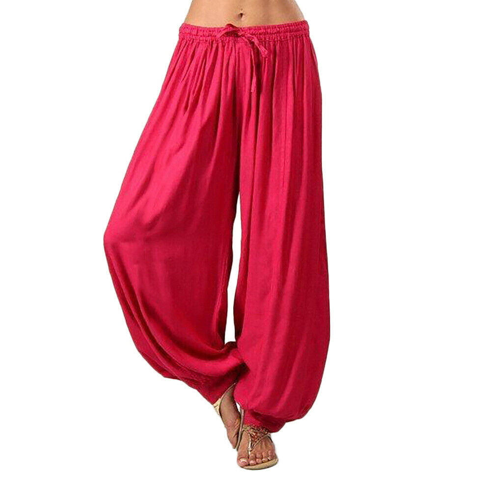 Womens Ladies Casual Plain Baggy Aladdin Long Pleated Harem Pants Trousers 