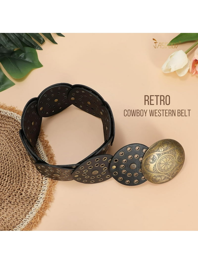 3934 Wide Disc Belt For Women Hollow Leather Western Cowgirl Waist PENINSULA LOVE Women Wide Disc Belt Boho Hollow Leather Belt  main image 2