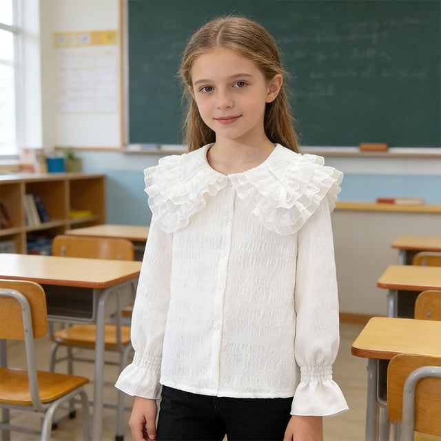 Blusas y camisas de cuello redondo y manga larga para la temporada de apertura de la escuela para niñas Zhongda Camisa de cuello alto con ribete de encaje y manga larga para niñas como prenda interior