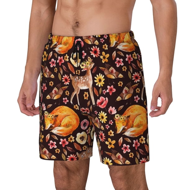 Balery Woodland Creatures Floral Bañador para hombre, shorts de playa de secado rápido con entrepierna y forro de compresión-X-Large