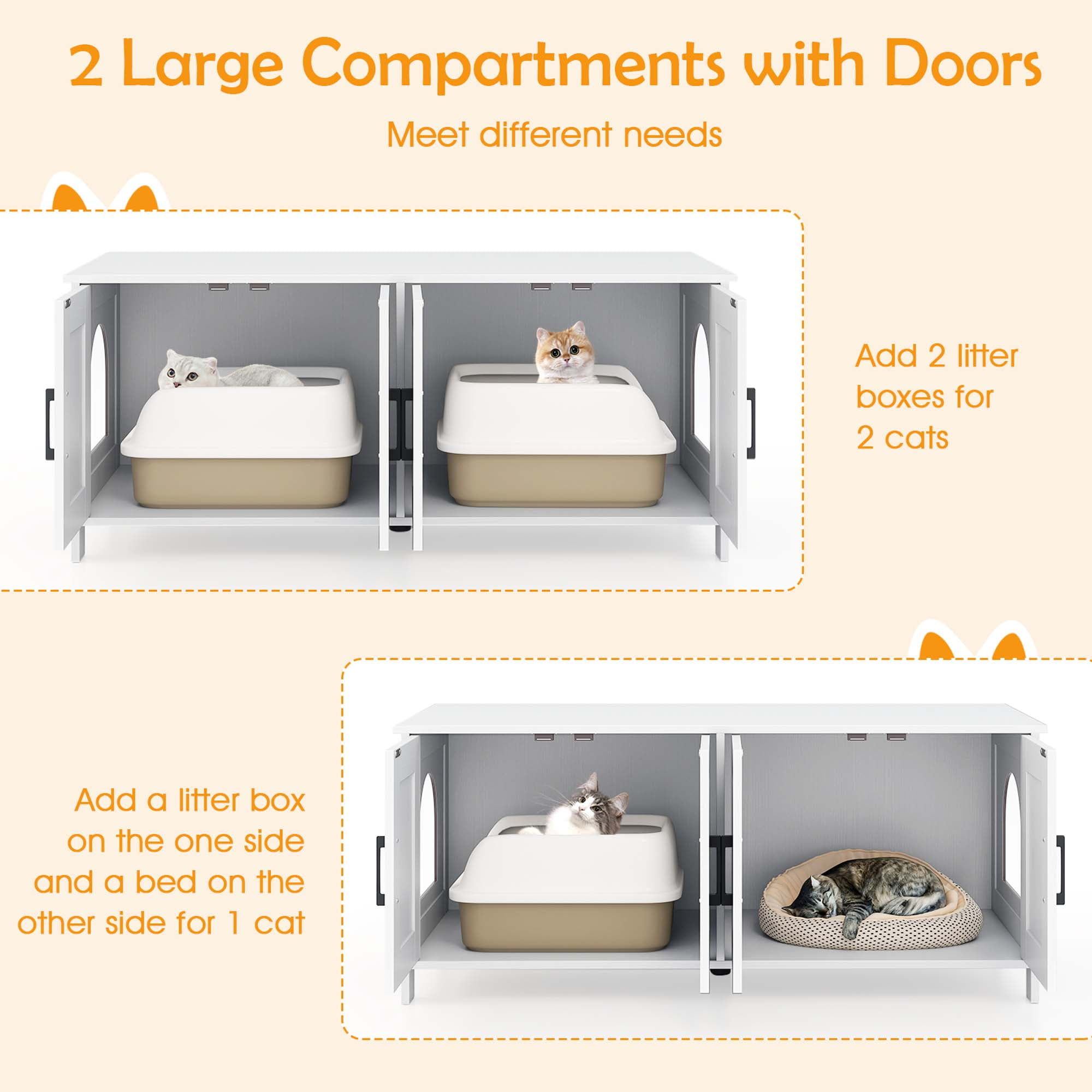 Gymax Cat Litter Box Enclosure for 2 Cats w/ Double Rooms Wooden Cat Washroom Cabinet White