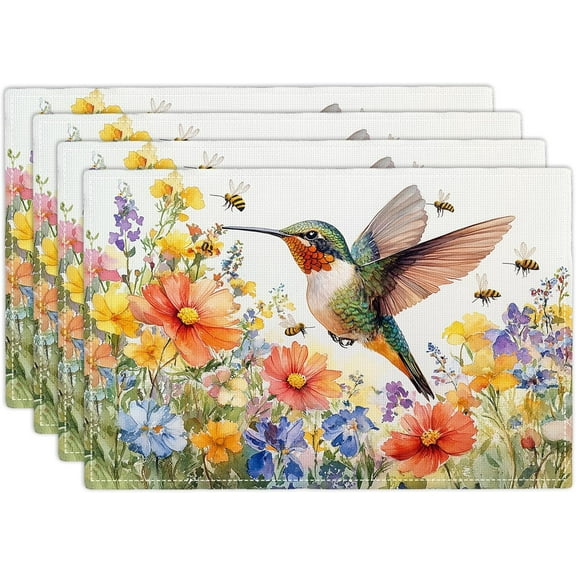 Hummingbird Flower Spring Placemats Set of 4, 12x18 Inch Country Bird Summer Table Place Mat Rustic Washable Non-Slip Heat Resistant Fabric Placement Mats for Dining Kitchen Indoor Outdoor Decor