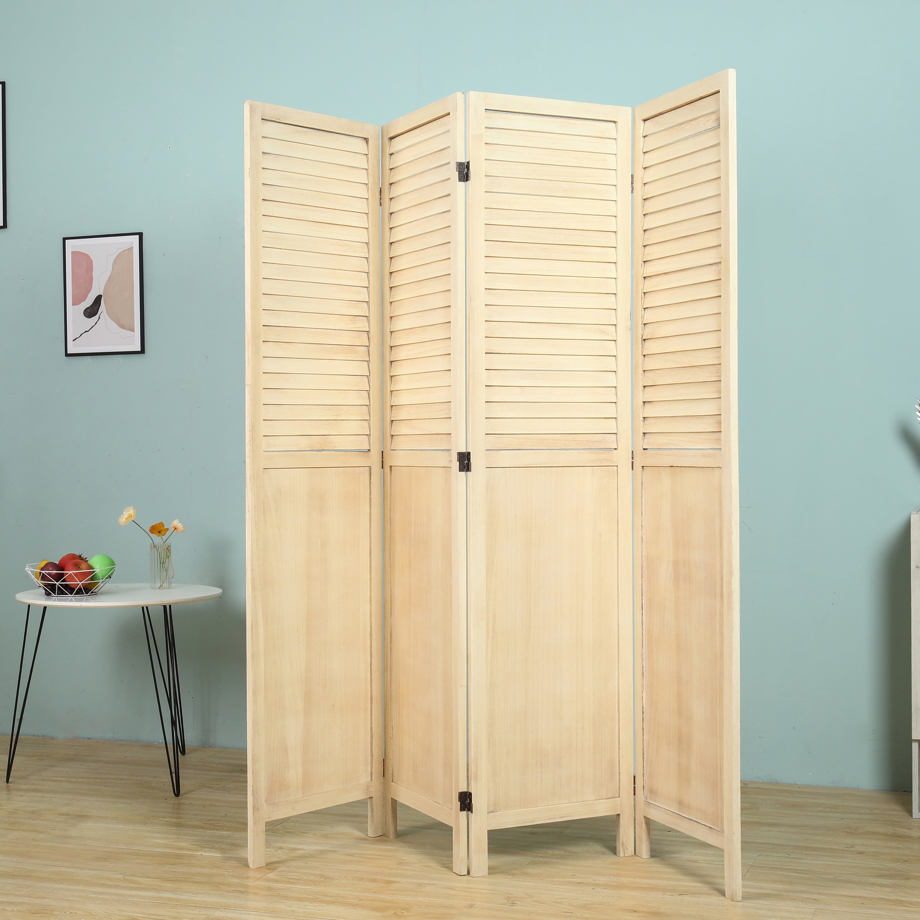 Natural 4-Panels Room Divider with Window Shutter Style