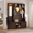 thumbnail image 4 of ChVans 75" Hall Tree with Mirror & LED, Farmhouse Entryway Bench with Shoe Storage, Coat Rack, Sliding Barn Door, Umbrella Holder & Top Storage Cabinet, 59"W, Brown, 4 of 10