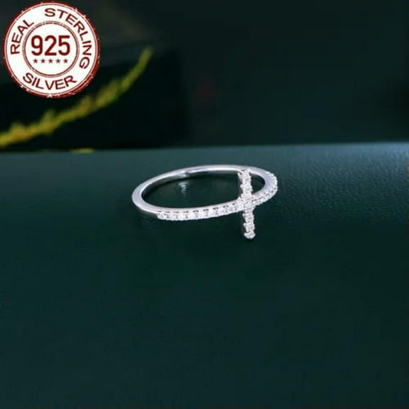 S925 Sterling Silver Faith Hope Love Sideways Cross Ring CZ Stackable Engagement