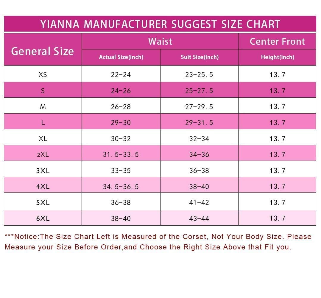Yianna Size Chart