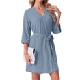thumbnail image 2 of Women's Waffle Knit Robe 3/4 Sleeve V Neck Knee Length Wrap with Adjustable Waist Belt Light Blue L, 2 of 4