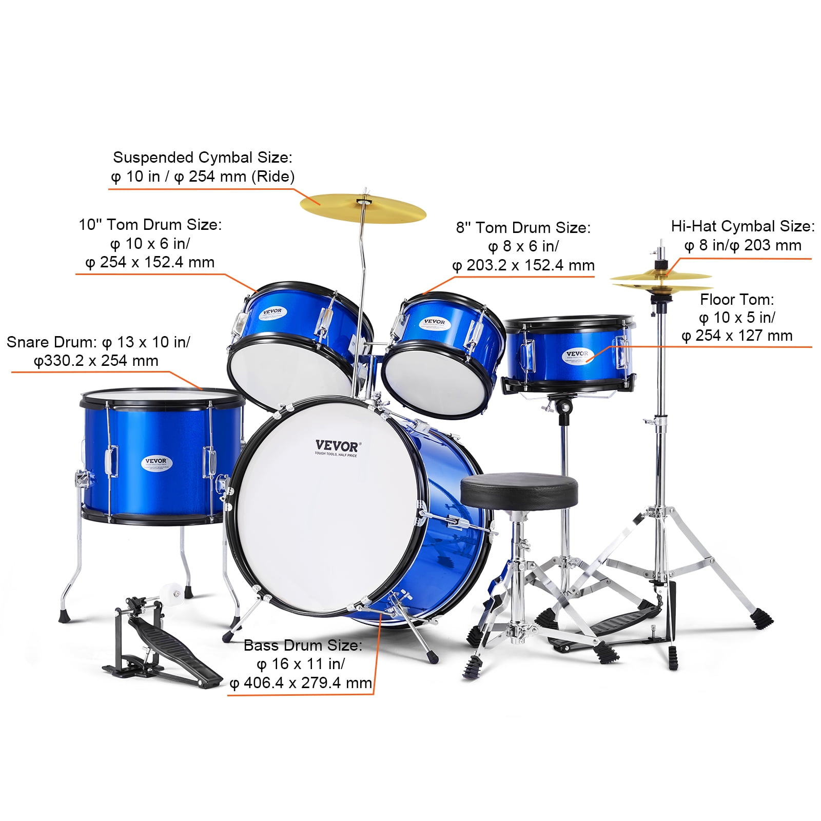 VEVOR Kids Drum Set, 5-Piece, 16 in Beginner Full Drum Set with Bass Toms Snare Floor Drum Adjustable Throne Cymbal Hi-Hat Pedal and Two Pairs of Drumsticks, Starter Drum Kit for Child Kids, Blue