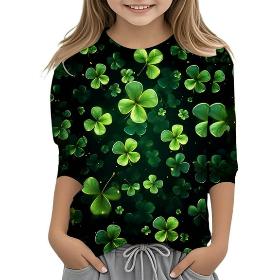 Boys St Patricks Day Shirt Oversized 3/4 Quarter Sleeve Shamrock Graphic Casual Round Neck Boys Kids Girl T-Shirt for Little Boy 4-5 Years