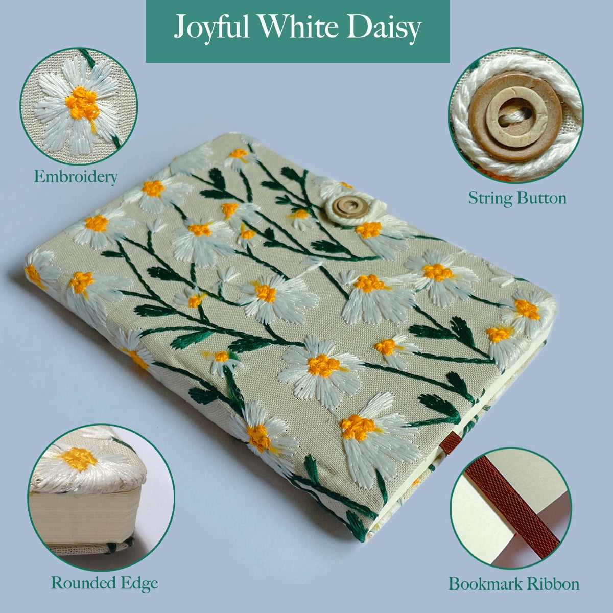 ipoul Grid Notebook, Hardcover, Lay Flat, A5, 8"x6", Squared Paper, Cute Journal for Women, Daisy Gifts, White