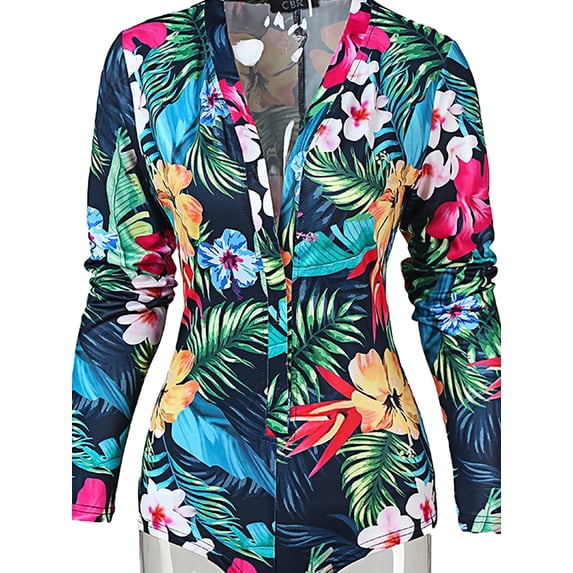 Gureui Women's Sexy Bodycon One Piece Jumpsuit, Deep V Neck Long Sleeve Stretch Funny Printed Leotard Pajamas Romper Casual Home Wear