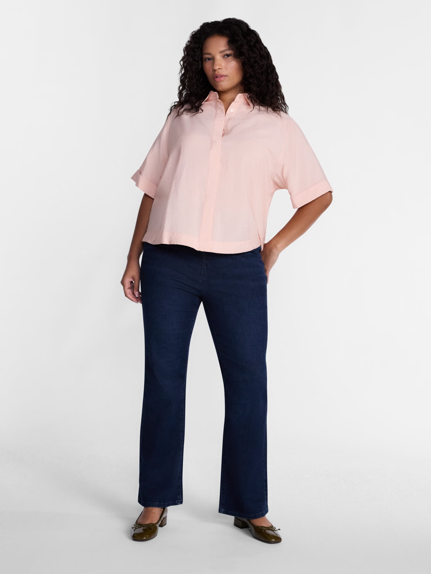Terra and Sky Women's Plus Collared Short Sleeve Button Front Shirt, Sizes 0X-5X
