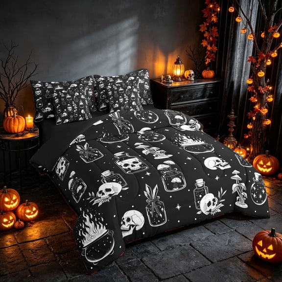 Homewish Halloween Gothic Skull Twin Bedding, Magical Mushroom Bedding Comforter Set, Black White, Black Reversible 7pcs