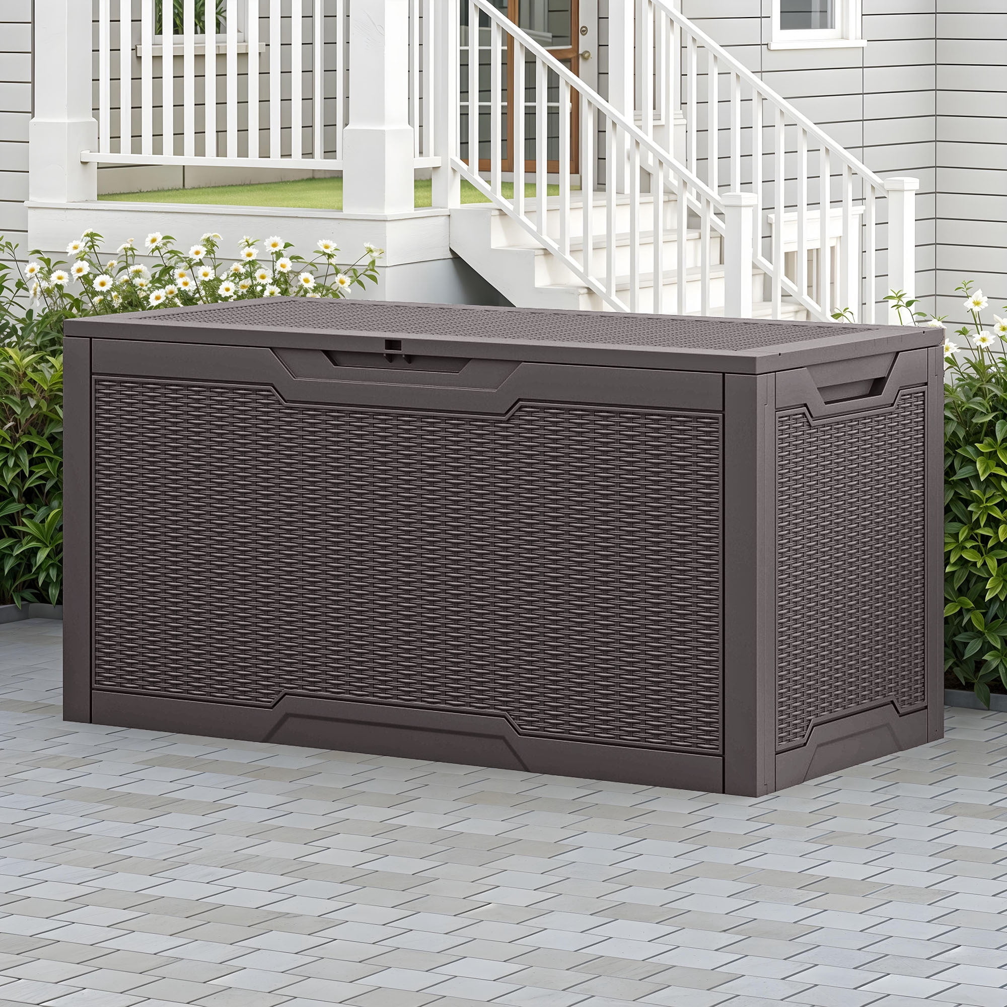 Uforic 100 Gallon Resin Deck Box, Weather Resistant Lockable Outdoor Storage Box for Patio Supplies and Daily Essentials, Dark Brown