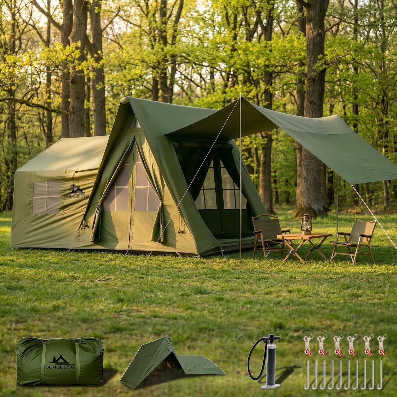 Large Inflatable Tent for 8-10 Person - 135 SQFT Inflatable Cabin Tents for Camping Instant Setup Blow up Tent 4 Season Waterproof Inflatable Tents with Stove Jack