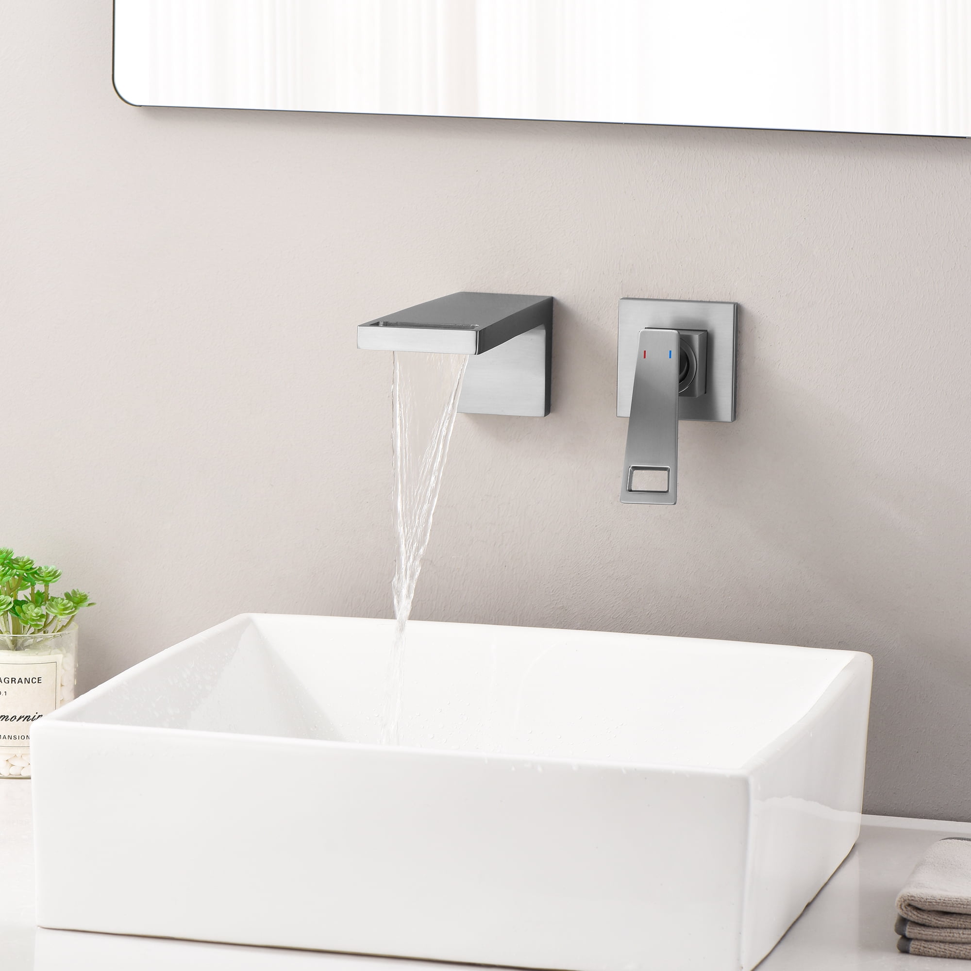 SUMERAIN Single Handle Waterfall Bathroom Faucet Wall Mount Vessel Sink Faucet with Brass Rough-in Valve,Brushed Nickel