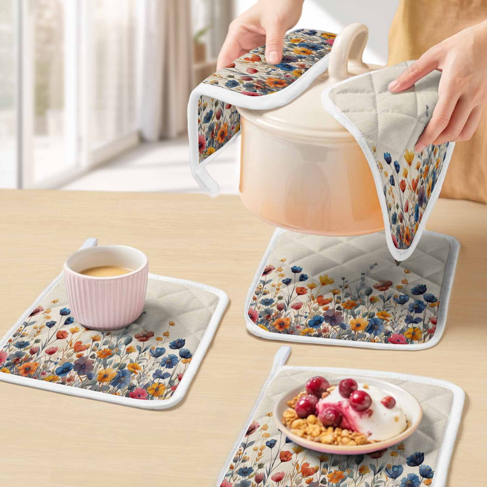 Colorful Spring Floral Pot Holders for Kitchen Heatproof Potholder, 2 Pack Elegant Summer Botanical Rustic Hot Pads Multipurpose Oven Pads Cloth Potholders Trivet for Cooking and Baking