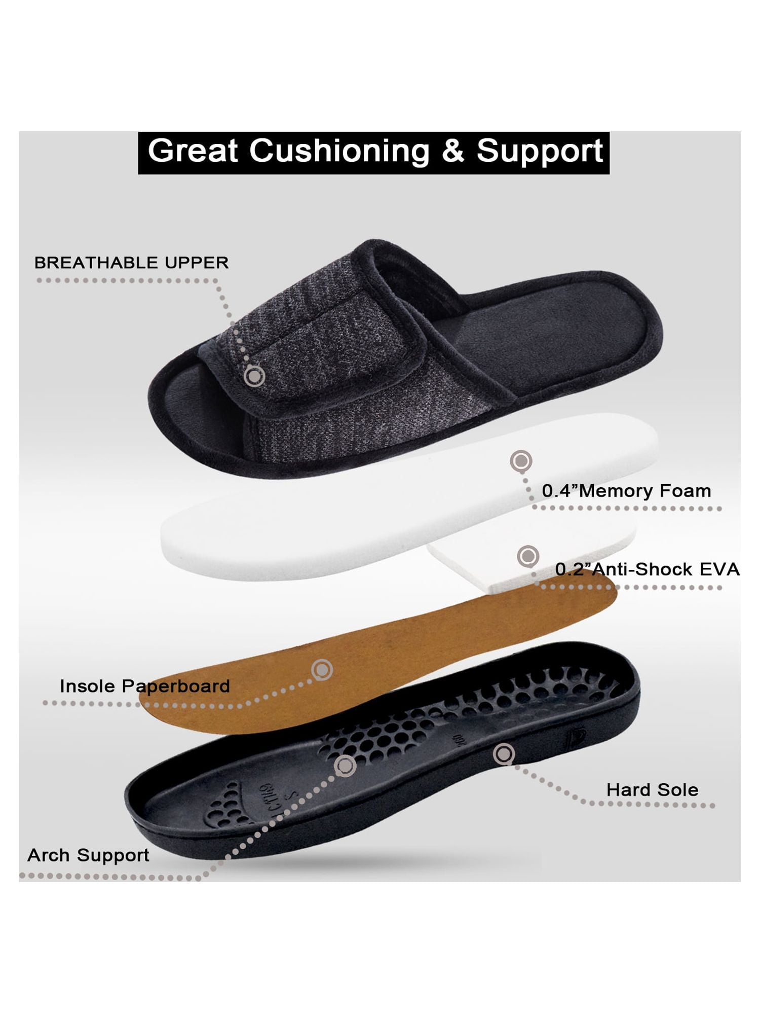 DL Adjustable Mens Slippers Memory Foam Open Toe House Slippers