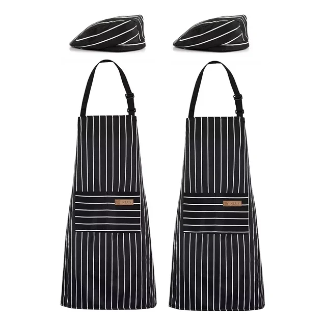2 Mandiles Chef+2 Gorros Chef Para Meseros Barbería Pintores