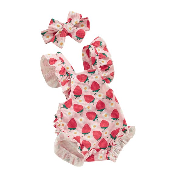 Yunliwuli Baby Girls Romper Bodysuit and Headband Strawberry/Flower/Cherry Print Fly Sleeve Frills Infant Jumpsuit Summer Clothes