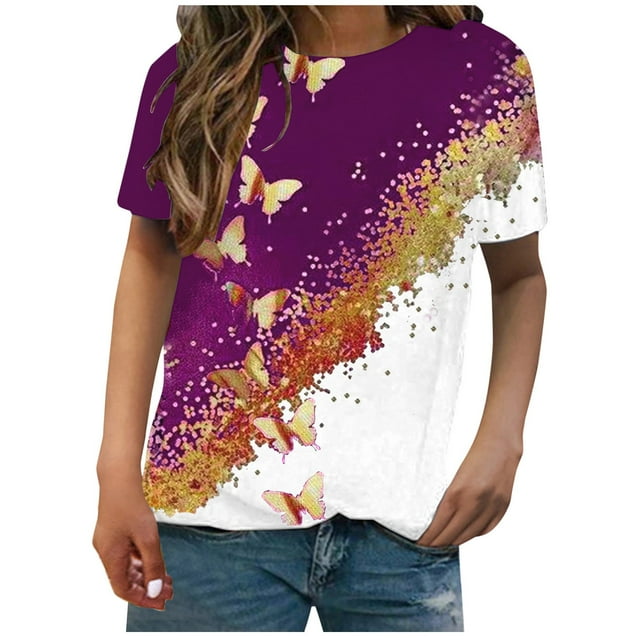 Birdeem Mode Femme Imprimé Papillon Manches Courtes Col Rond Haut Blouses