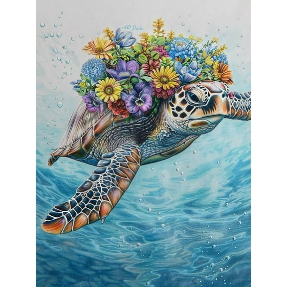 5D DIY Diamond Painting Set "Turtle, Animals, Flowers" Round Diamond Art Crafts for Adults, Suitable for Wall Decoration, Bedroom and Home Decoration