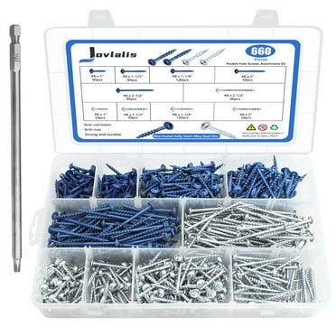 660 PCS Pocket Hole Screws Assortment Kit, 5 Sizes #8 x 1, 1-1/4", 1-1/2", 2", 2-1/2",Square Drive Self Tapping Coarse Thread Wood Screws Set, Blue Coated and Zinc Coated, Drive Bit Included