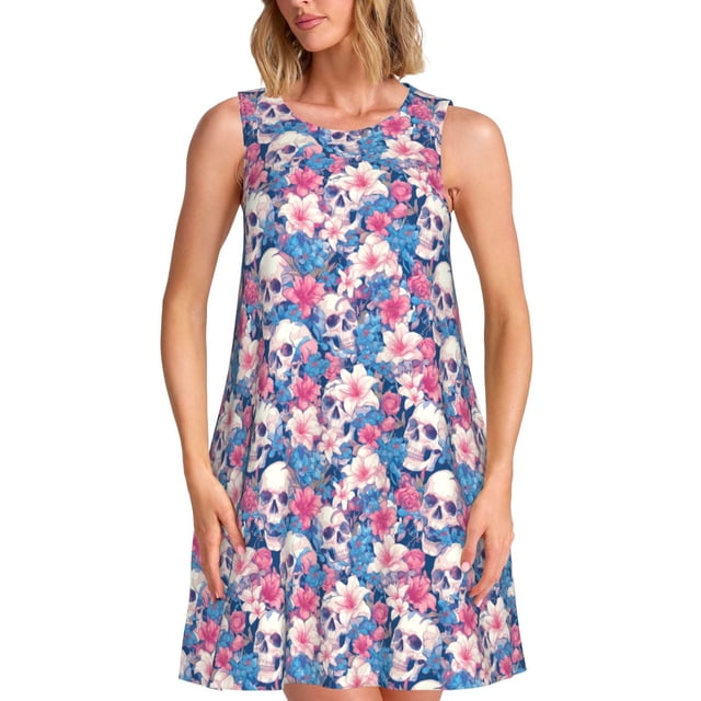 Vsdgher Robes d'Été à Imprimé Crâne pour Femmes Robe de Plage Décontractée Col en U Sans Manches Robe d'Été Ample avec Poche