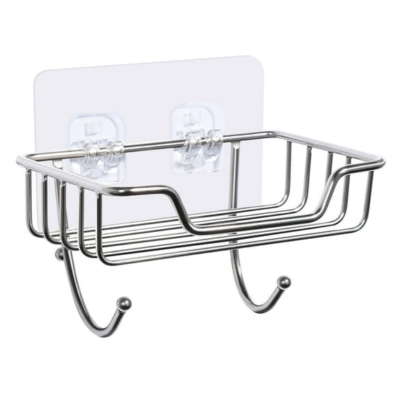 Uten Stainless Steel Wall Mounted Soap Holder with Hooks, Adhesive No Drilling, Strong Hold Waterproof for Bathroom Shower Kitchen, Silver